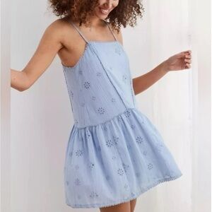 Aerie women's eyelet tank top mini babydoll dress powder blue, Size Medium